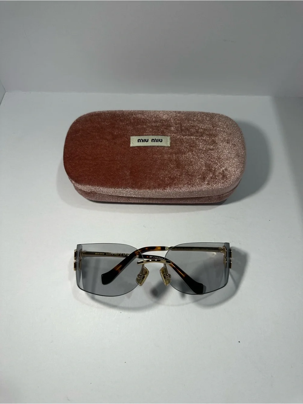 Miu Miu Velvet Dusty Rose Case with Rimless Gray-Tinted Sunglasses